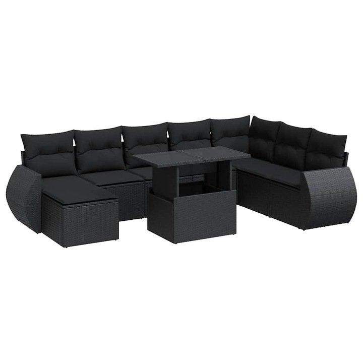 vidaXL 9 részes fekete polyrattan kerti ülőgarnitúra párnákkal 3326686