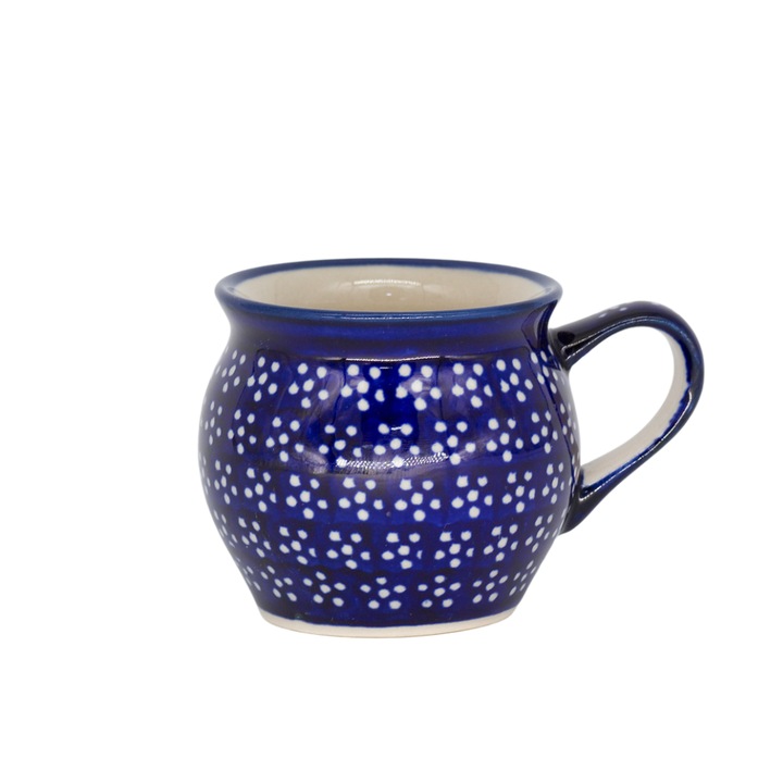Cana ceramica smaltuita pentru ceai / cafea / vin fiert Navy Blue, in forma de "balon", pictata manual, 160 ml