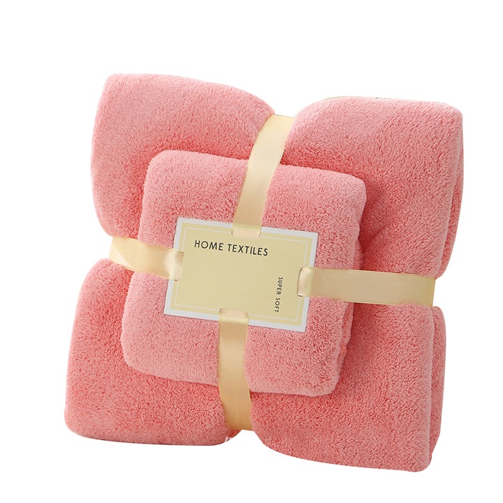 Комплект 2 хавлиени кърпи, Памук, 70x140см/35x75см, Розови
