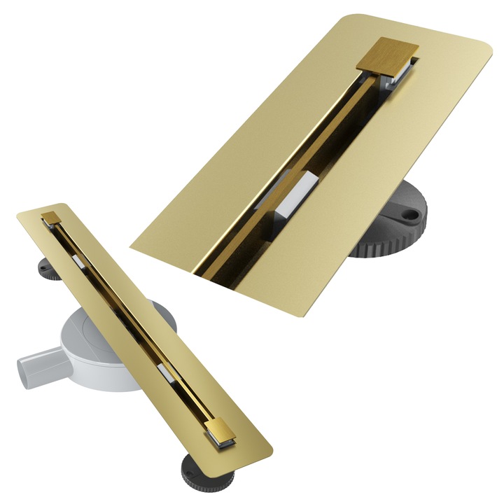 Rigola de dus liniara Granitan Luno, 50 cm, din otel inoxidabil auriu, cu panou reversibil pentru placi ceramice sau aspect metalic, sifon 77 mm, set complet de instalare, pentru bai walk-in moderne, drenaj eficient si igiena superioara