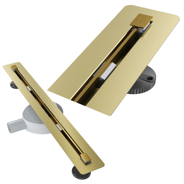 Rigola de dus liniara Granitan Luno, 60 cm, otel inoxidabil auriu, panou cu doua fete, pentru montare placa ceramica, drenaj rapid, instalare ultra-subtire 77 mm, ideala pentru cabine walk-in, design elegant, set complet de asamblare