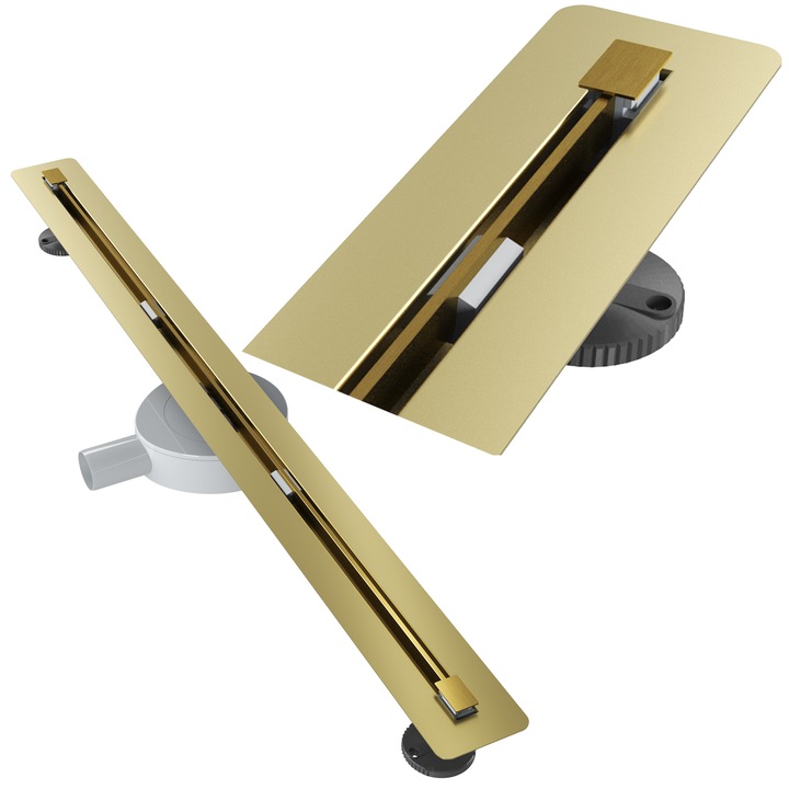 Rigola de dus liniara Granitan Luno 90 cm Inox Auriu, Panou Dublu Reversibil cu Posibilitate de Inserare Gresie, Kit Complet de Instalare, Grosime de Doar 77mm pentru Bai Moderne si Elegante