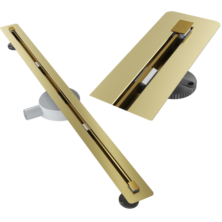 Rigola de dus premium Granitan Luno, 100 cm, otel inoxidabil, cu panou reversibil pentru montaj sub placa ceramica, sistem de scurgere liniara eficient, culoare auriu elegant, inaltime instalare 77 mm, kit complet de asamblare pentru baie m