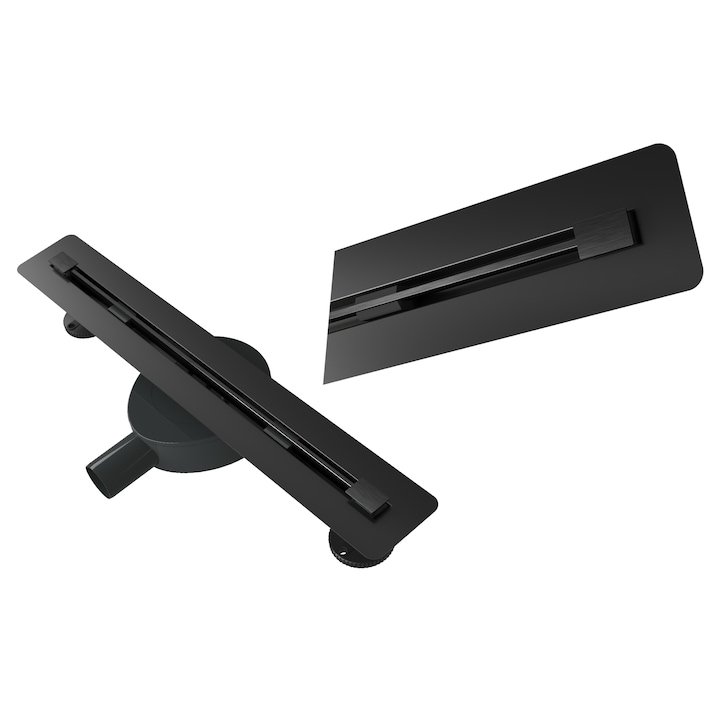 Rigola de dus liniara Granitan Luno, 50 cm, otel inoxidabil negru mat, panou reversibil pentru placa ceramica, cu sifon, set complet de instalare, inaltime montaj ultra-plat 77 mm, design modern si eficient pentru bai walk-in