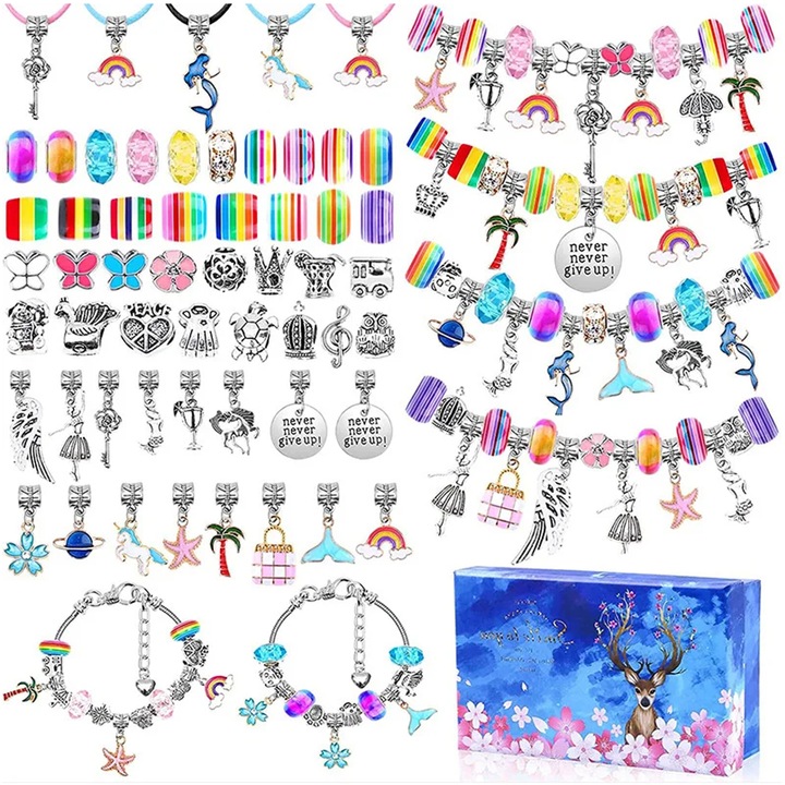 Set creativ pentru bratari si coliere, 112 elemente, Multicolor