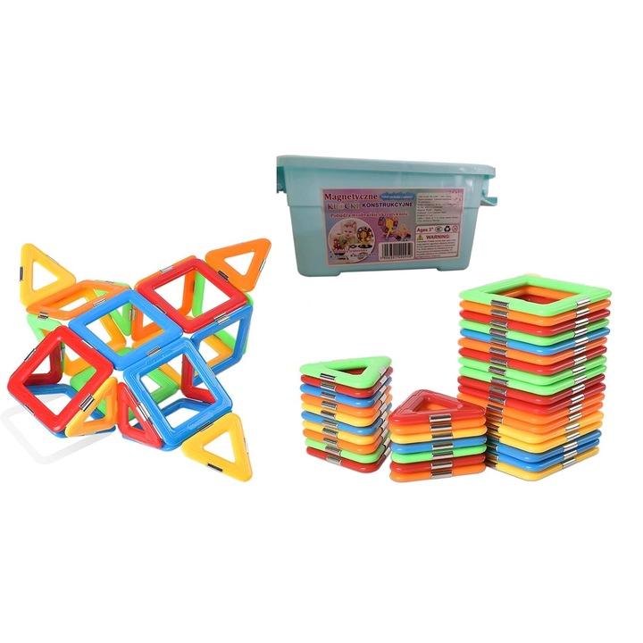 Set de constructie magnetica, 38 elemente, culori vii, cutie de plastic