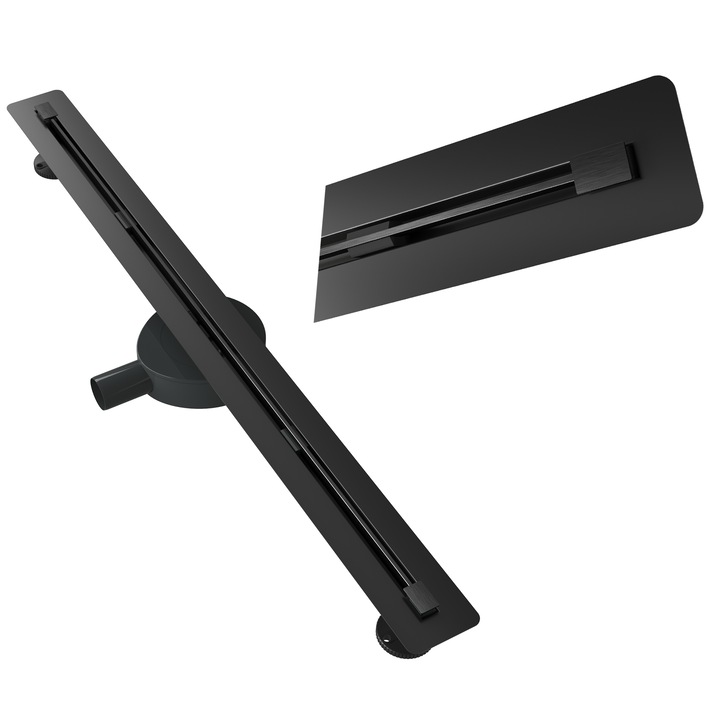 Rigola de Dus Liniara Granitan Luno 90 cm, Otel Inoxidabil, Panou Reversibil pentru Placi Ceramice, Sifon Anti-Miros, Instalare 77 mm, Negru, Solutie Premium pentru Dus Walk-in Modern, Asamblare Completa Inclusa, Drenaj Eficient si Estetic