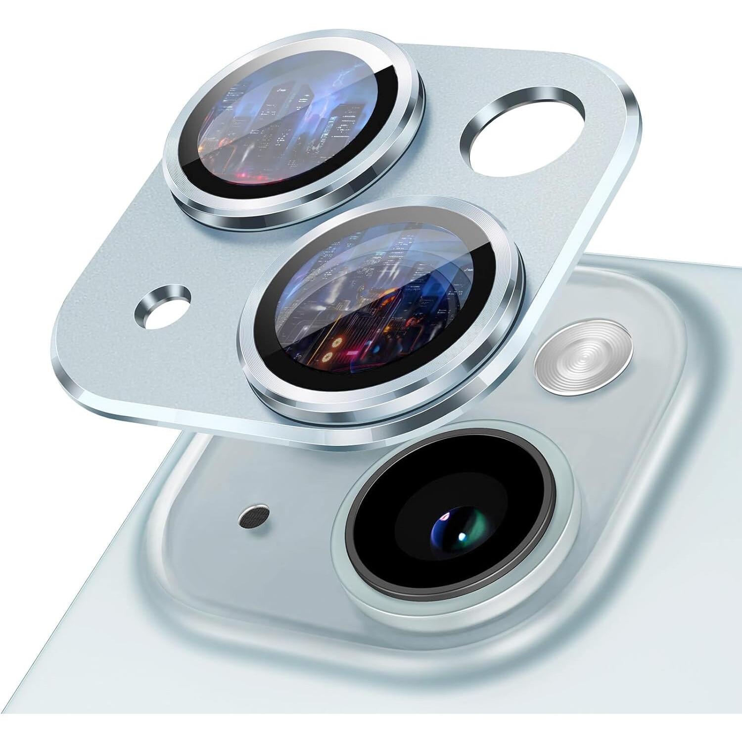 Carcasa Metalica Mata cu Folie din Sticla Securizata pentru Protectia Camerelor Foto, Compatibil iPhone 15 si iPhone 15 Plus, Blue