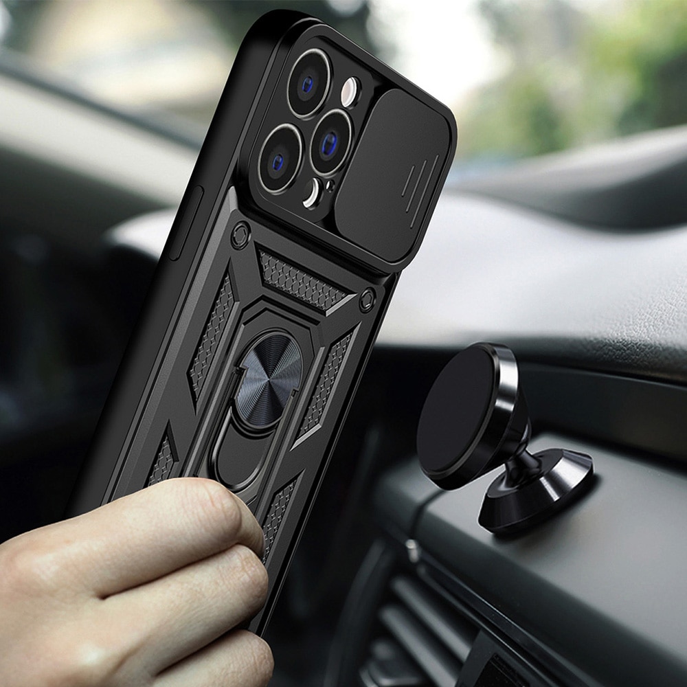 Husa telefon compatibila cu iPhone 13 Pro Max, protectie camera Slide and Snap Soft Premium, Magnetic Ring Holder, PopGrip, Anti-Shock, Rugged Protection, Negru