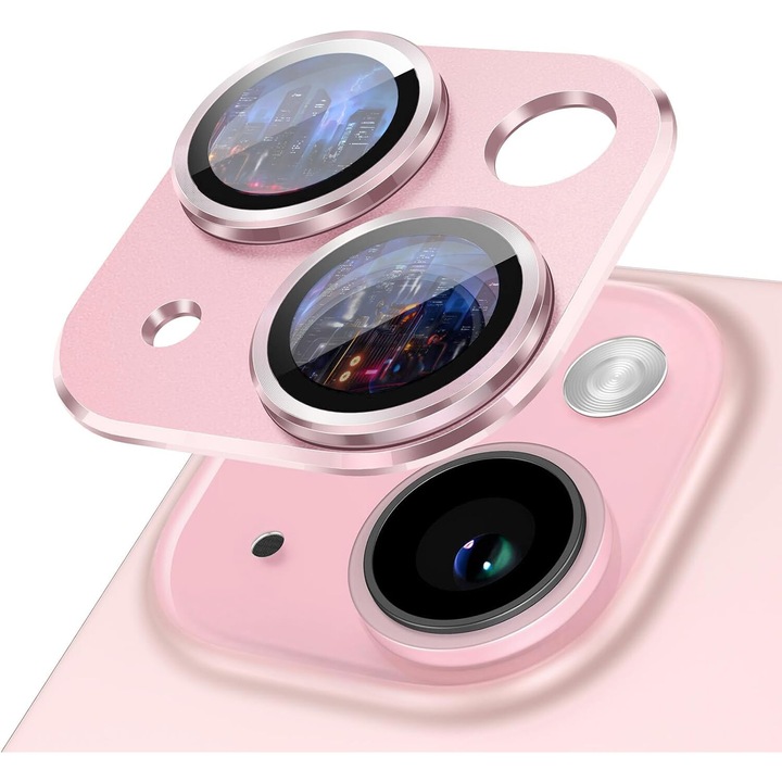 Matt fém tok edzett üvegfóliával a kamera védelméért, kompatibilis iPhone 15 és iPhone 15 Plus készülékekkel, rózsaszín