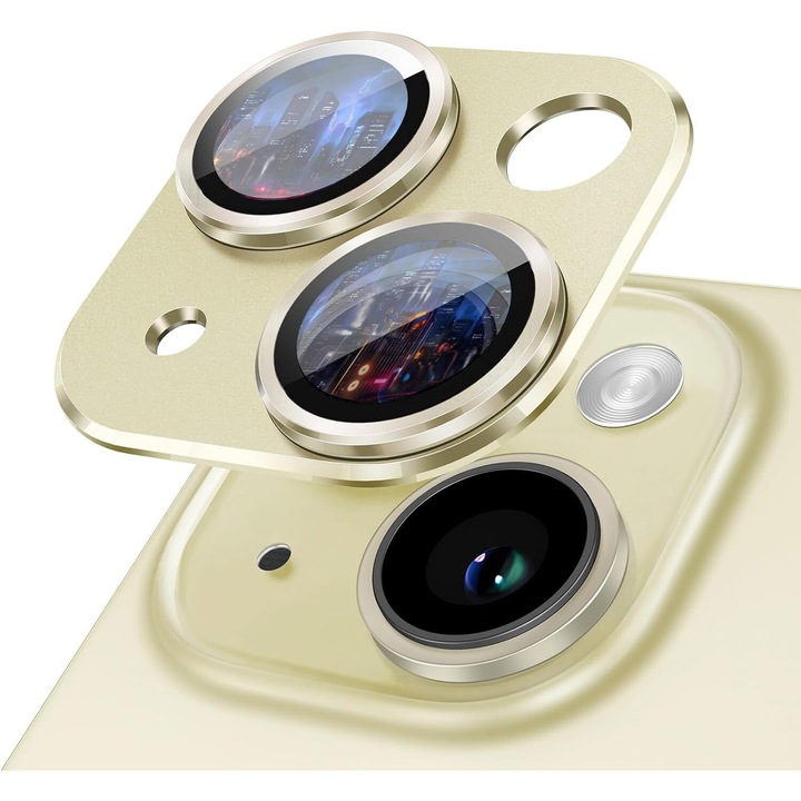Carcasa Metalica Mata cu Folie din Sticla Securizata pentru Protectia Camerelor Foto, Compatibil iPhone 15 si iPhone 15 Plus, Yellow