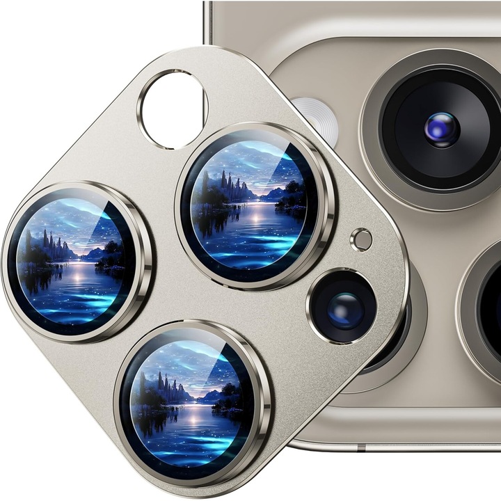 Matt fém tok edzett üvegfóliával, kamera védelméért, kompatibilis iPhone 15 Pro és iPhone 15 Pro Max készülékekkel, természetes titán