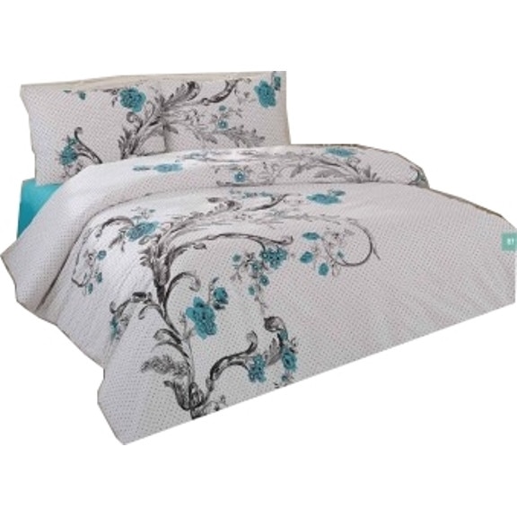 Lenjerie pat CASA GINO® Blue Iris XXL, bumbac satinat, 4 piese,cearceaf 240X240, fata pilota 180X240, 2 X fete perna 50X70