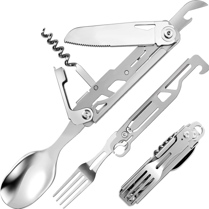 Комплект къмпинг прибори 6 в 1, неръждаема стомана, компактен, сребрист, 11см