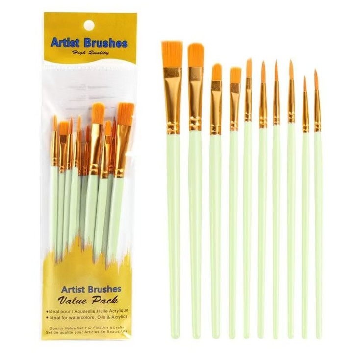 Set de 10 pensule colorate din nylon, pentru acuarela, ulei, acrilic, forma de evantai