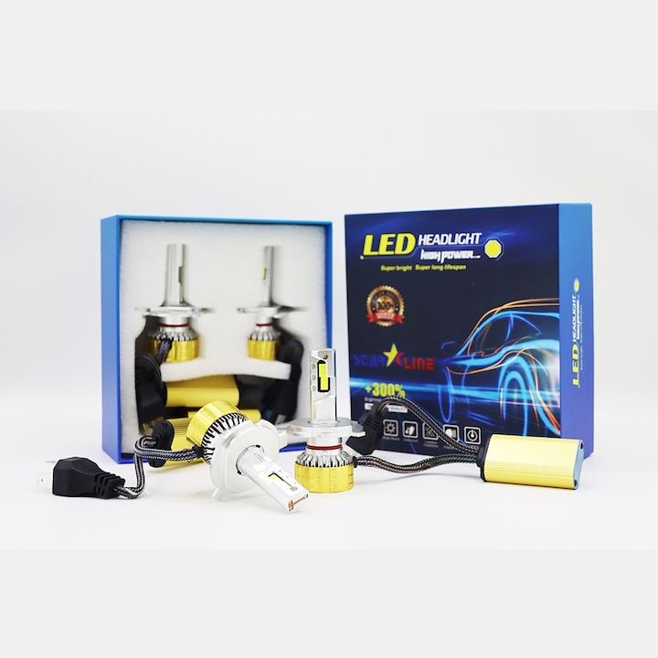 2 db autós LED izzó készlet, 130W, 16000lm, 6500K, H4, réz szubsztrát, 3 rézcső, ventilátor hőelvezetés, Canbus, hibamentes, +300%, SL-S50-H4