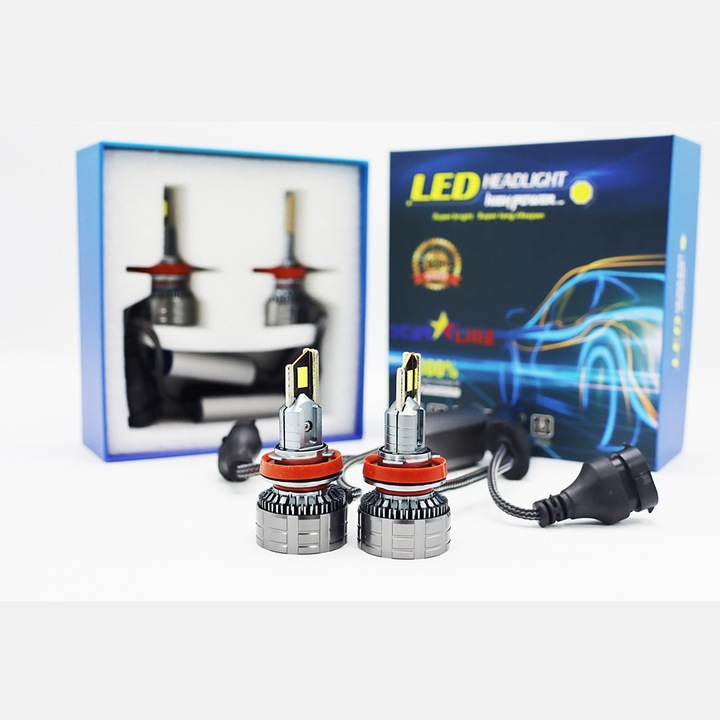 2 db autós LED izzó készlet, 130W, 12600lm, 6500K, H8 és H11 univerzális, réz hordozó, 3 db rézcső, ventilátoros hőleadás, Canbus, hibamentes, +300%, SL-S40-H11