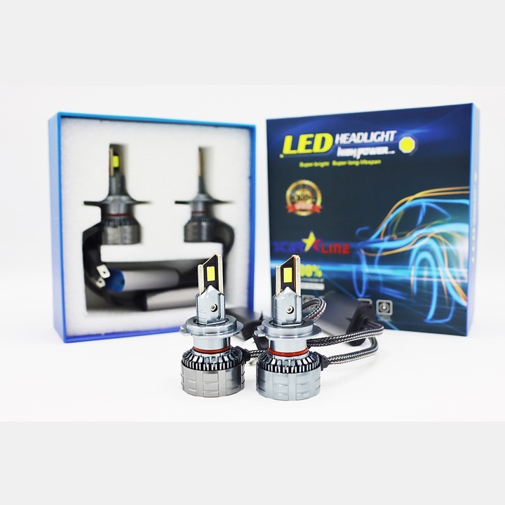 Set de 2 becuri LED auto, 130W, 12600lm, 6500K, H7, substrat de cupru, 3 teava de cupru, disiparea caldurii ventilatorului, Canbus, fara eroare, +300%, SL-S40-H7