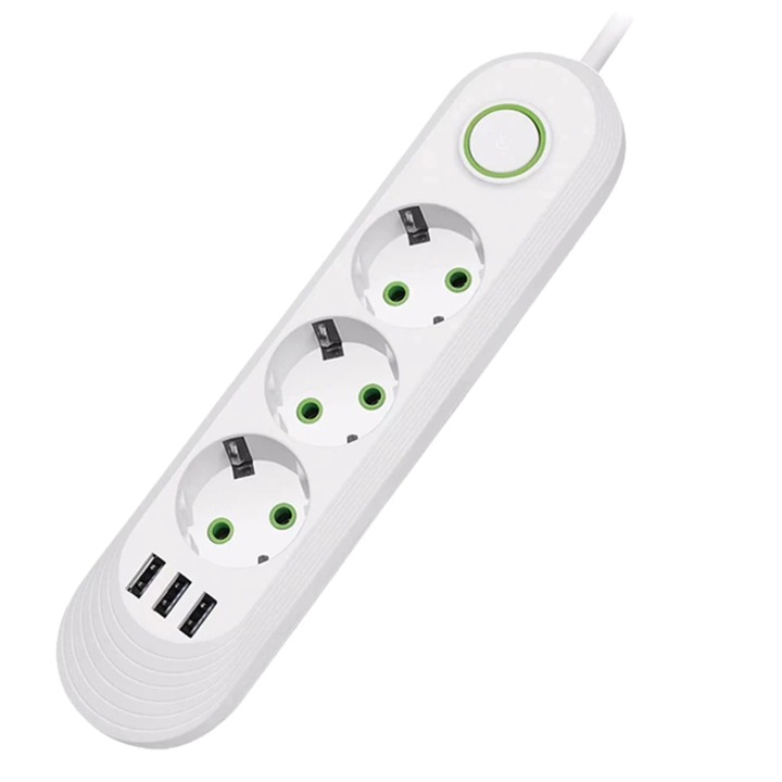Удължител 2 метра, 3 гнезда, 3 x USB слота, 2500W, бял