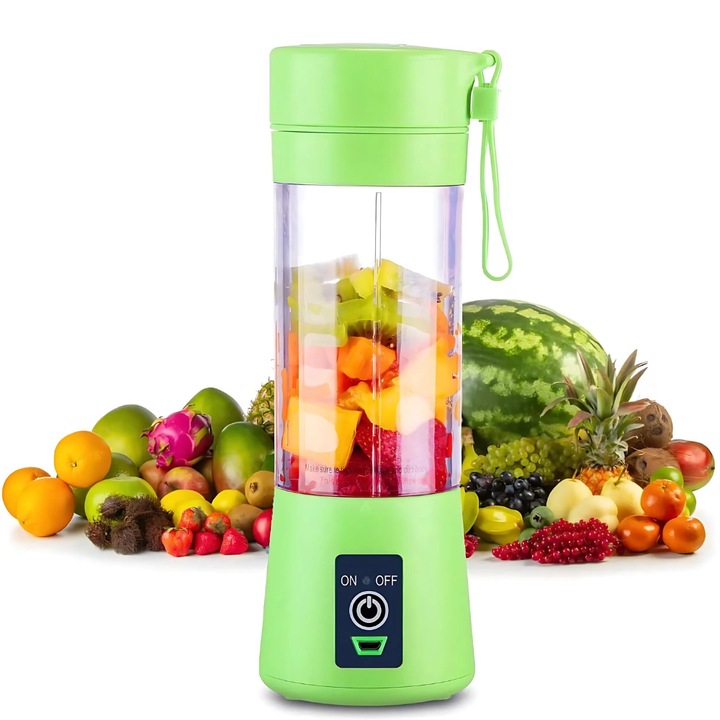 Mini blender 380 ml, portabil, culoare verde, 6 lame, recipient de baut, usor de transportat, inox inoxidabil