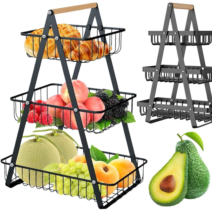 Cos De Fructe Decorativ, Openhome, 3 Etaje, 47x33x18 cm, Metal, Negru