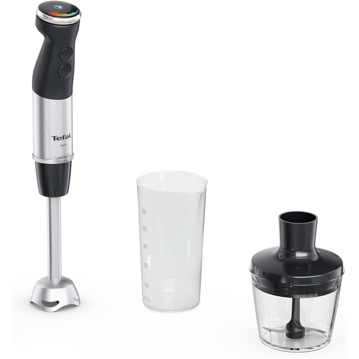 Вертикален миксер Tefal Quickchef+ HB672830, 1000W, 20 степени на скорост, Turbo функция, чопър 500 ml, мерителна чаша 800 ml, неръждаема стомана, 4 ножа Powelix, черно и сребристо