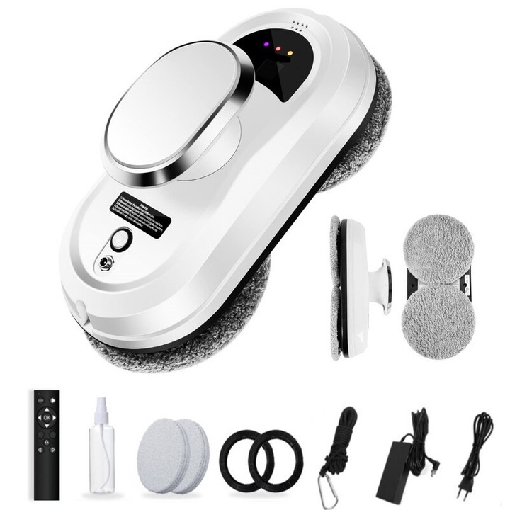 Robot de curatat geamuri, WALALLA, cu telecomanda, sistem UPS, 5600Pa putere de aspiratie, alb, 300x150x1cm, set cu 10 lavete