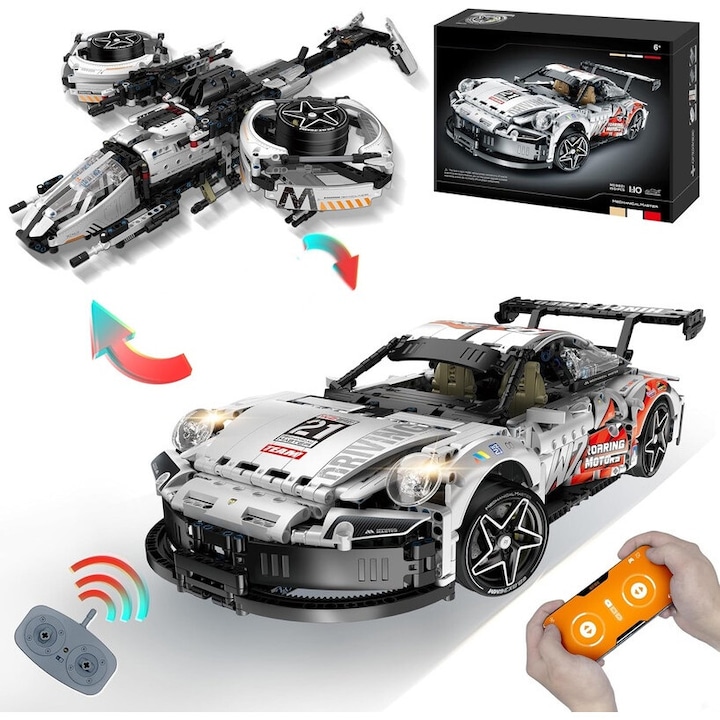 Set de constructie 2 in 1, WALALLA, masina sport cu telecomanda, efecte sonore, LED, alb/negru, 1860 piese, 54x22x14cm