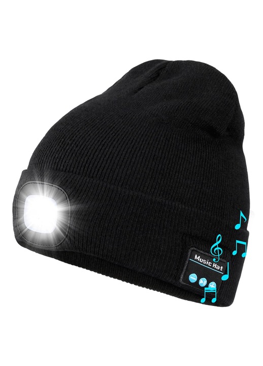 Téli sapka LED-del és Bluetooth-al, Stnqtsrv, 3 az 1-ben, fekete, unisex