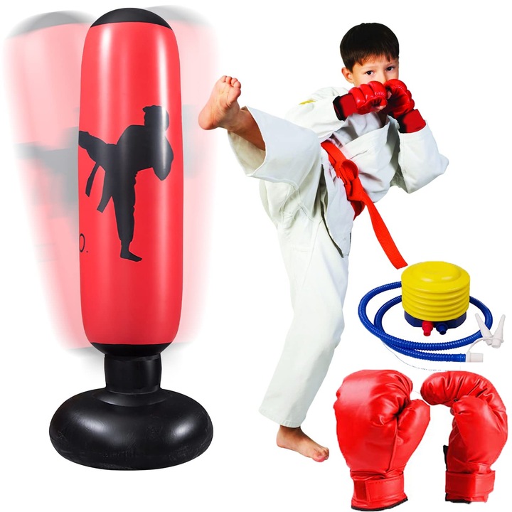 Sac de box gonflabil pentru copii, Stnqtsrv, cu manusi si pompa, PVC, design stabil, 90x30cm