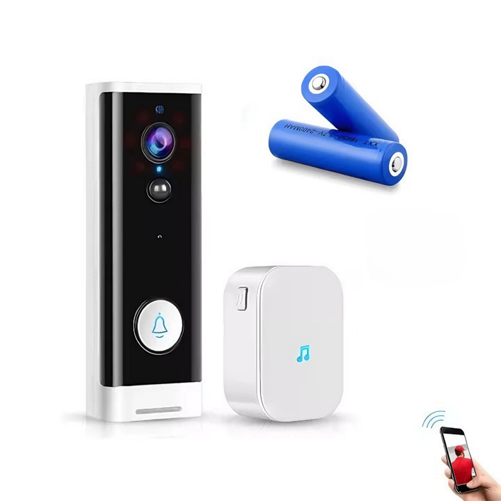 Sonerie video smart ATOM DEALS®️, Tuya 1080P HD, wireless cu sonerie inclusa, audio bidirectional, difuzor interior, senzor IR, unghi larg 166°, baterii incluse, detectie miscare PIR, vizualizare nocturna, instalare usoara, alb