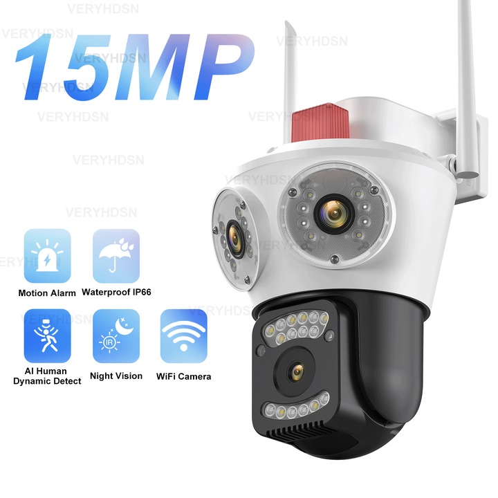 Camera Supraveghere Exterior VERYHDSN 15MP Ultra HD, PTZ Rotativa 360°, WiFi & Ethernet (RJ45), Night Vision Color, Detectie Inteligenta AI, Audio Bidirectional, Auto Tracking