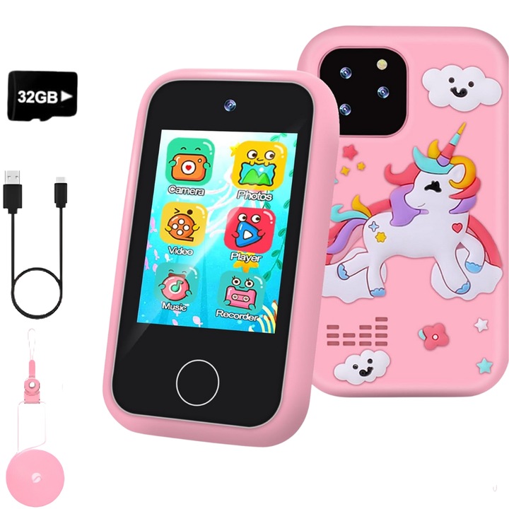 Telefon Interactiv Pentru Copii Z ZYNERA™, 2 Camere Functionale, Mufa Jack Casti, Husa Din Silicon Unicorn, Card Memorie 32 Gb, Ecran 2.8 HD, Educational, 14 Functii, 10 Jocuri Interactive, Roz, Calitate Premium, Design Modern