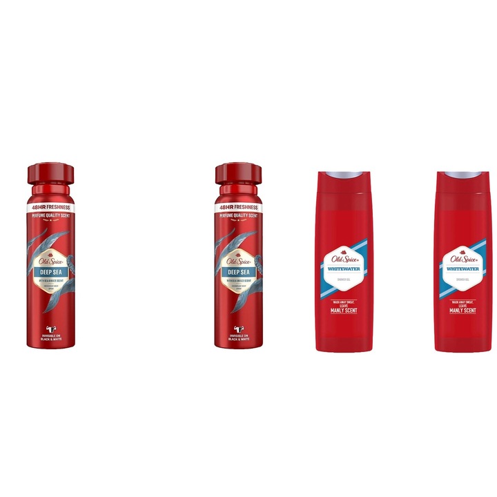 Комплект 4 x Old Spice Variety Bundle, 2 x Дезодорант 150 ml Deep Sea, 2 x Душ гел 400 ml Whitewater, свеж през целия ден, интензивен свеж аромат, против бели петна, ободряващ, дълготрайна свежест, 48 часа защита