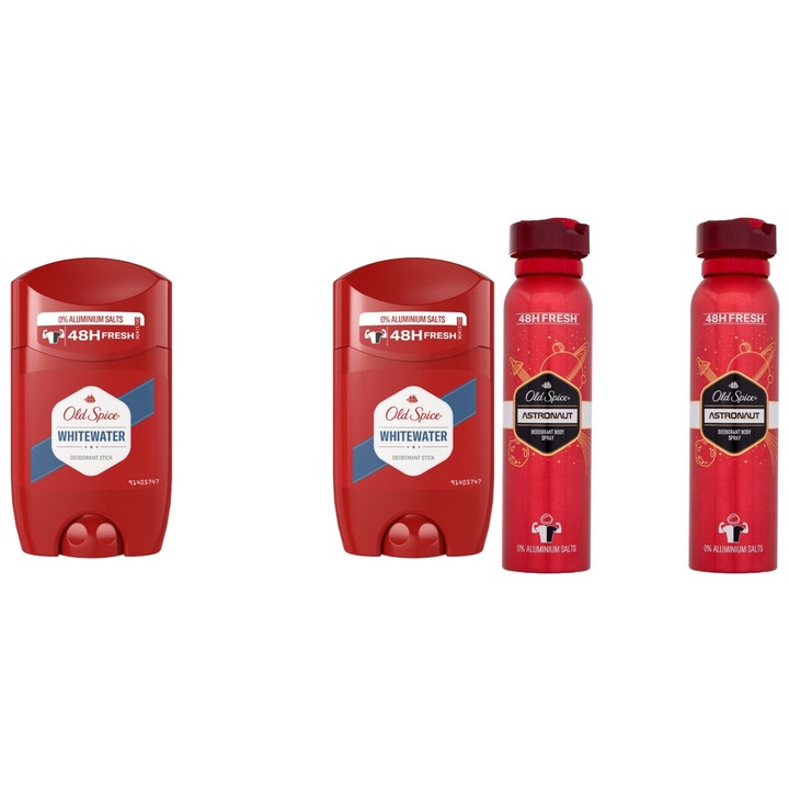 Комплект 4 x Old Spice Variety Bundle, 2 x Antiperspirant Stick Men 50 ml Whitewater, 2 x Deodorant 150 ml Astronaut, свеж през целия ден, интензивен свеж аромат, против бели петна, ободряващ, дълготрайна свежест, 48 часа защита