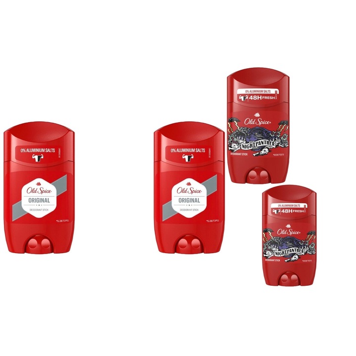 Комплект 4 x Old Spice Variety Bundle, 2 x Antiperspirant Stick 50ml Original Men, 2 x Antiperspirant Stick 50ml Night Panther, Свеж през целия ден, Интензивен свеж аромат, Анти-бели петна, ободряващ, дълготрайна свежест, 48h защита