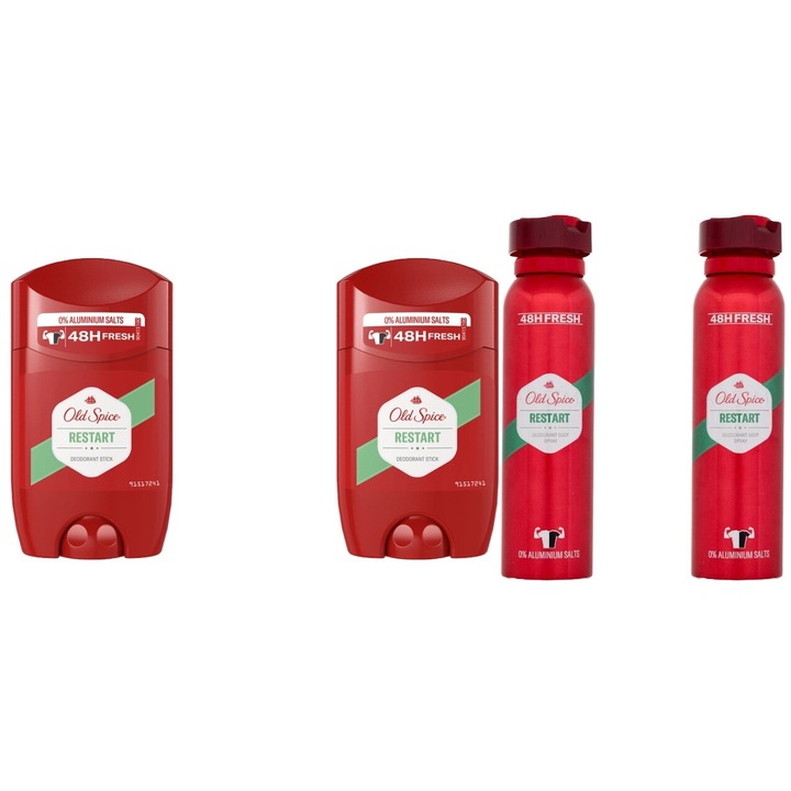 Комплект от 4 части Old Spice Variety Bundle, 2 x антиперспирант стик 50 ml Restart, 2 x дезодорант 150 ml Restart, интензивен свеж аромат, против бели петна, ободряващ, 48 часа защита