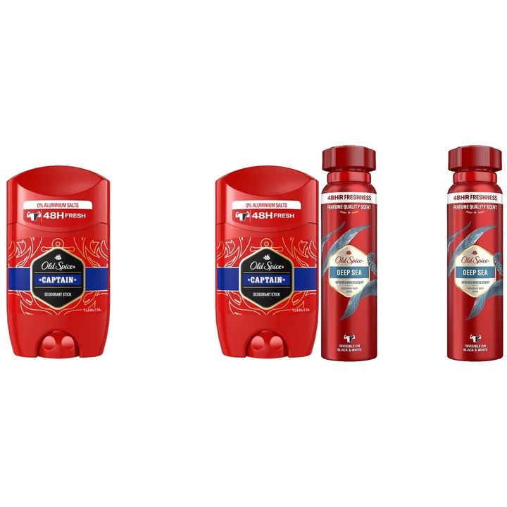 Set 4 x Old Spice Variety Bundle, 2 x Antiperspirant Stick Men 50ml Captain, 2 x Deodorant 150ml Deep Sea, All Day Fresh, Intense Fresh Fragrance, Anti-urme albe, revirgorant, prospetime de durata, protectie 48h