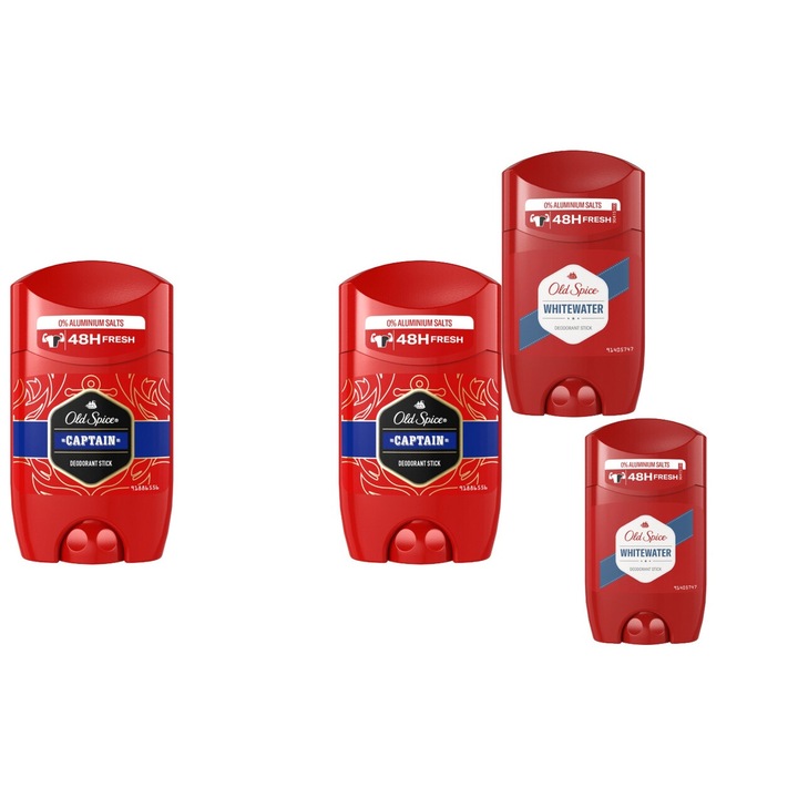 Комплект 4 x Old Spice Variety Bundle, 2 x Antiperspirant Stick Men 50 ml Captain, 2 x Antiperspirant Stick 50 ml Whitewater, свеж през целия ден, интензивен свеж аромат, против бели петна, ободряващ, дълготрайна свежест, 48 часа защита
