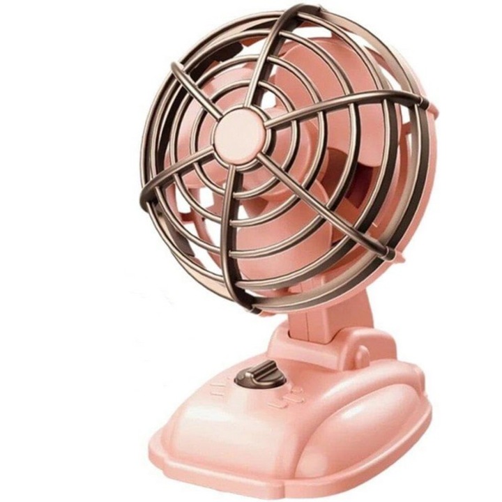 Винтидж мини настолен вентилатор, захранван от USB, 2 скорости, регулируем ъгъл, розов