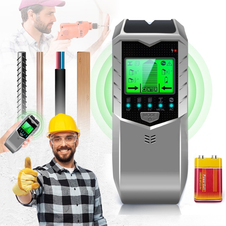 5 az 1-ben elektromos kábelkereső, EXCITAT®, gyors szkennelés, 5 szkennelési mód, hangjelzés, LCD kijelző, automatikus kalibrálás, elektromos kábelek, fémek, fa, csövek, betonacél, ezüst megtalálása