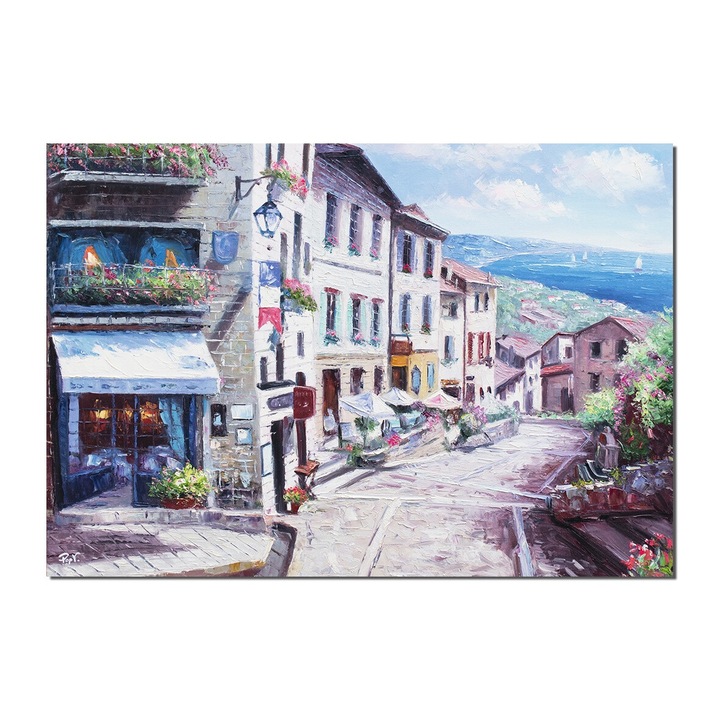 Tablou pictat manual living, Peisaj mediteranean, colt de rai, 100x70cm ulei pe panza in cutit efect 3D, gata de agatat pe perete