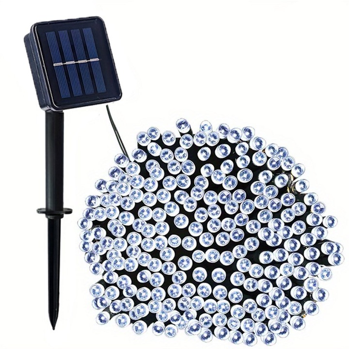 Instalatie De Craciun Tip Liniar GREATON Cu Alimentare Solara, Panou Solar Inclus, Lungime 10 m, Sir Lumini Alb Rece, Ideala Pentru Interior/Exterior, 8 Moduri de Iluminare, 100 LED-uri