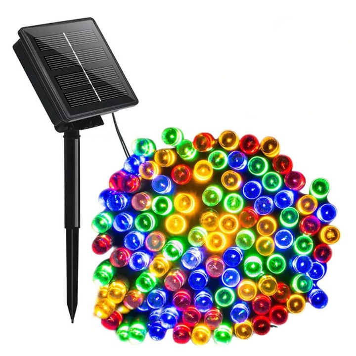 Instalatie De Craciun Cu Alimentare Solara EDAR, Ideala Pentru Exterior, Rezistenta La Conditii Meteo Instabile, Lungime 10 Metri, 100 LED-uri, Liniara, Multicolora