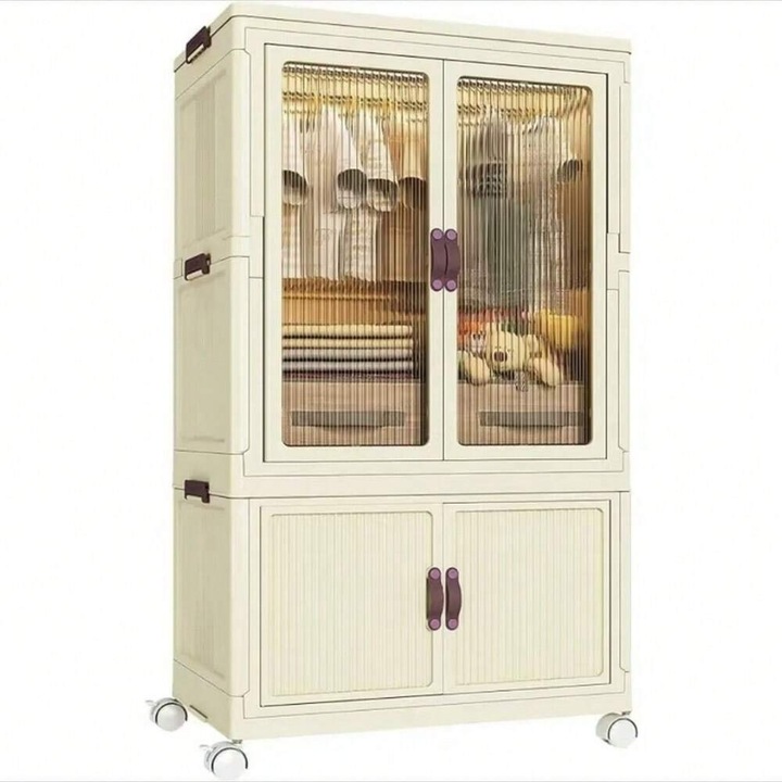 Set de 2 organizatoare pliabile pentru garderoba, WALALLA, plastic, cu capac, pe roti, 56x34x96cm, alb