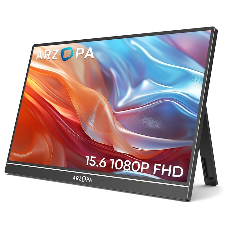 Hordozható monitor LED IPS Arzopa A1 Travel 15.6'', Full HD (1920x1080), 60Hz, HDR, Mini HDMI, HDR, USB-C, 1W x2 hangszóró, konzol kompatibilis, fekete