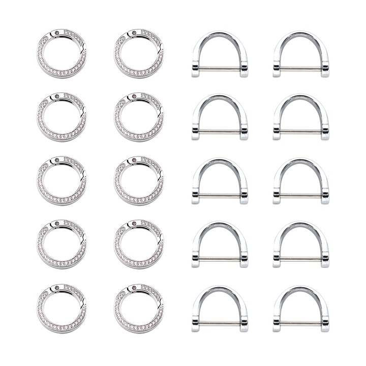 Set 10 Brelocuri D Ring cu 10 Brelocuri Cheie, 1 Surubelnita, argintiu, dimensiuni multiple