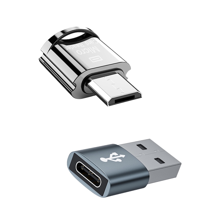 Комплект от 2 четеца на microSD карти - ултрапреносим Silver Metallic USB-C, Axroad Mall, USB-C към Type-C, скорост на трансфер 170 Mb/s, универсален, Plug and Play, бърз трансфер, преносим, алуминиев корпус, син