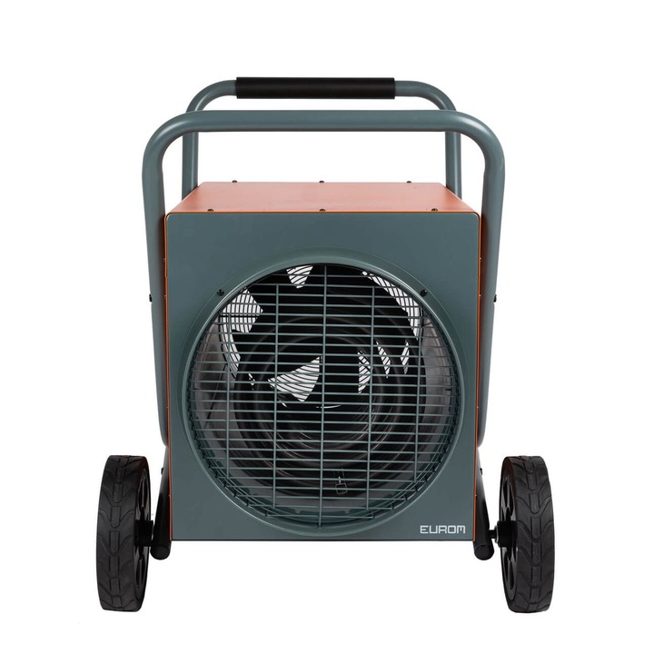 Ipari elektromos fűtés Eurom, Heat-Duct-Pro, csarnokba/garázsba/műhelybe, 3 teljesítményfokozat, hideg/meleg levegő, állítható hőmérséklet, beépített termosztát, robusztus ház, túlmelegedés elleni védelem, kompakt kialakítás, szállító kerekek, narancs