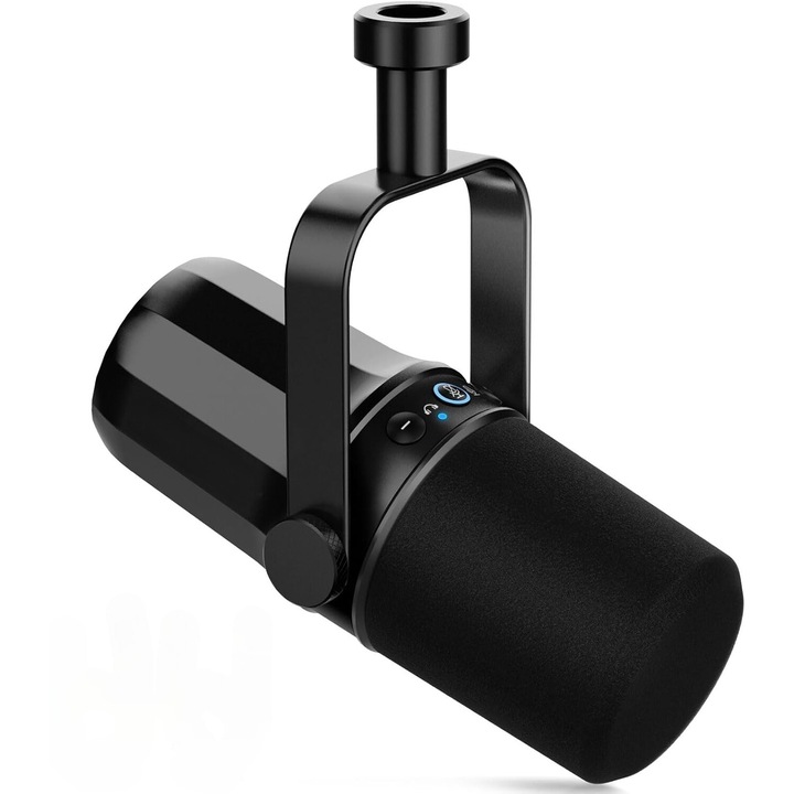 Microfon dinamic AxaCube pentru podcast, streaming, gaming, conexiune XLR si USB, corp metalic, buton mute, monitorizare in timp real, negru
